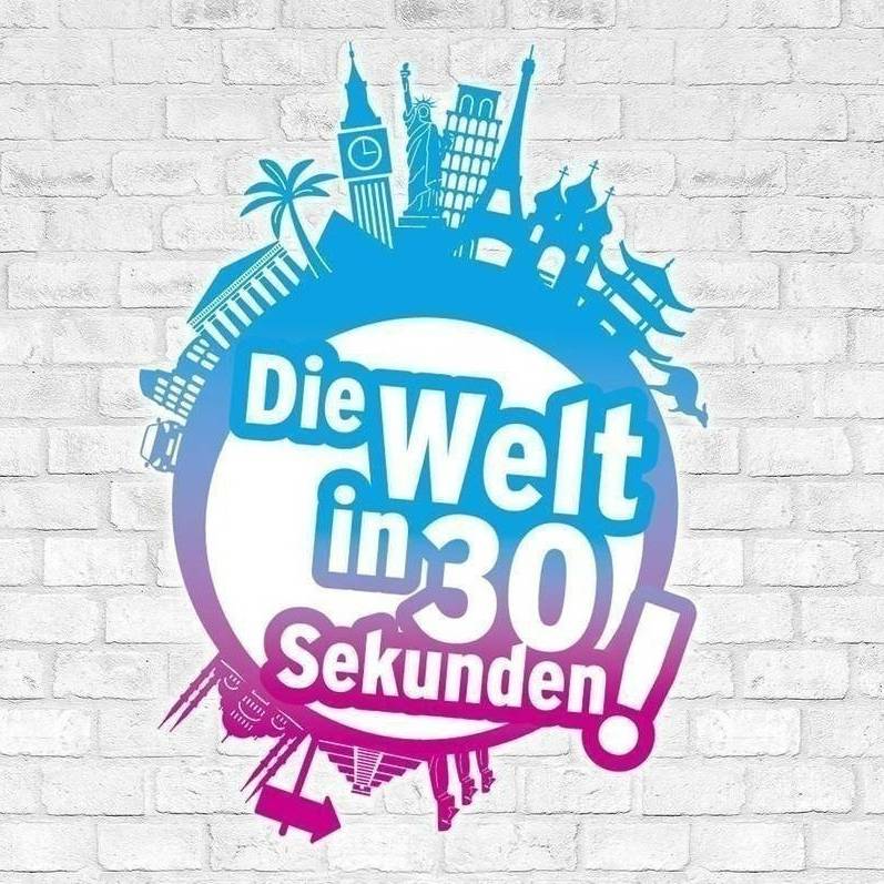 Das Logo von "Die Welt in 30 Sekunden" vor einer hellgrauen Mauer.