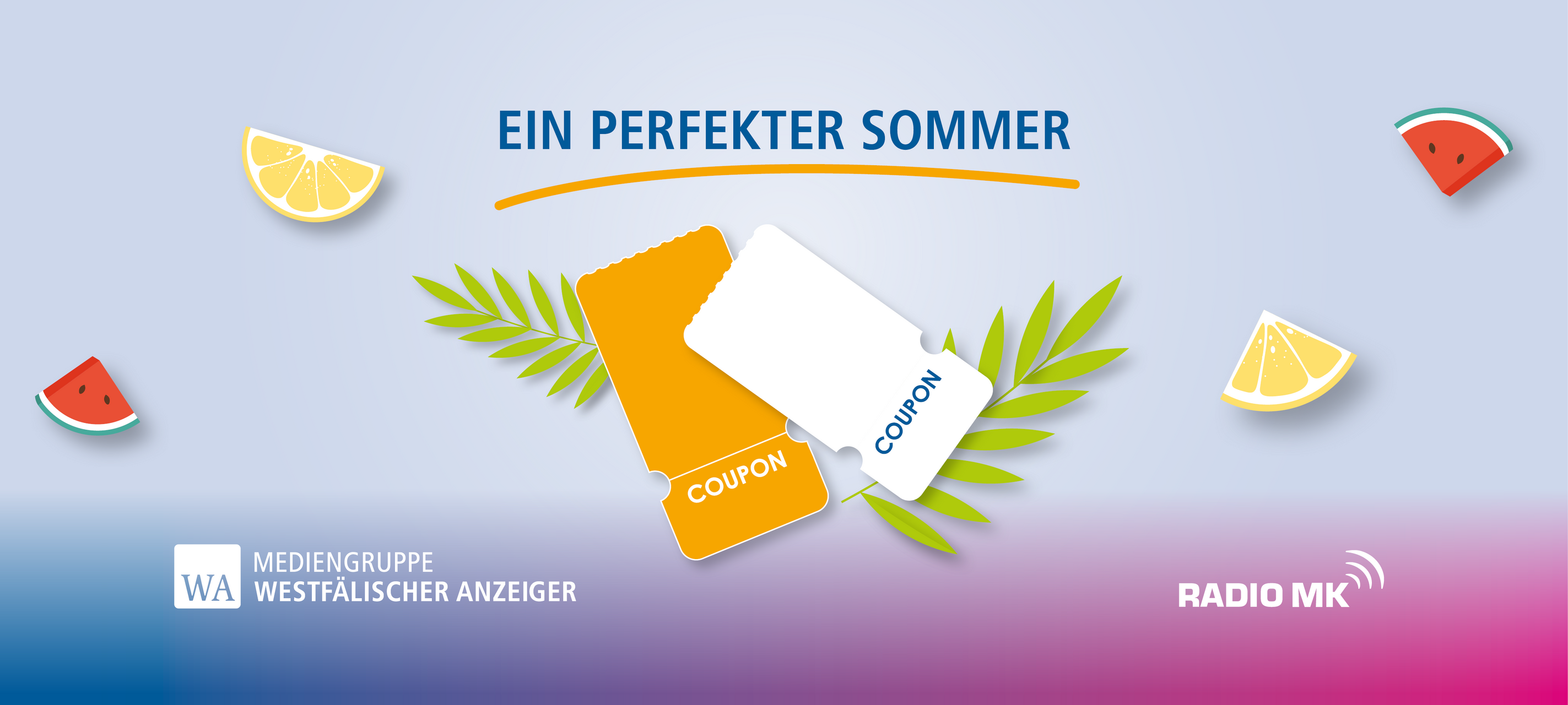 Grafik zur Aktion "Ein perfekter Sommer" mit zwei Coupon-Scheinen, Zitronen- und Wassermelonenscheiben auf hellblauem Hintergrund, dazu die Logos von Radio MK und der Mediengruppe Westfälischer Anzeiger.
